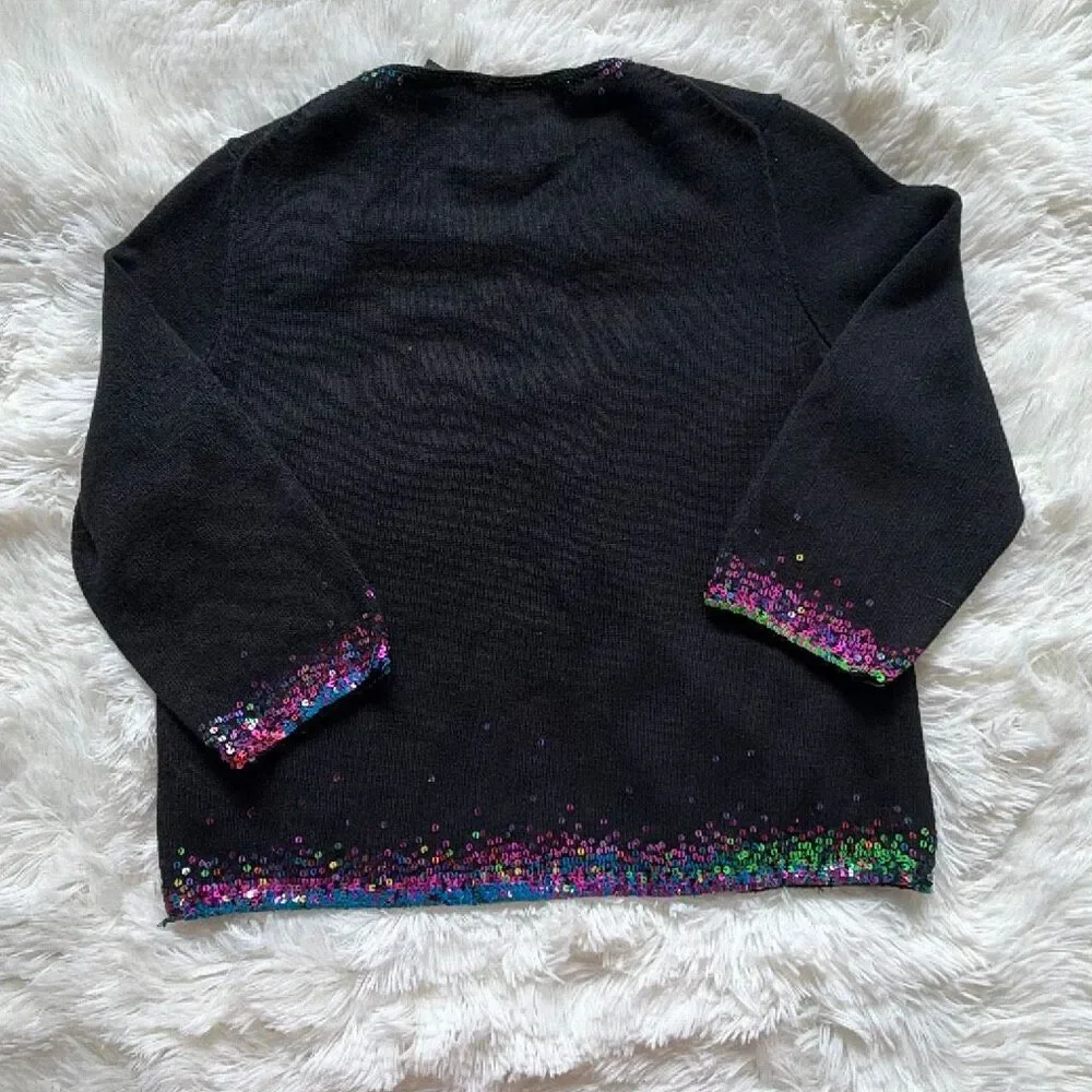Vintage Michael Simon Rainbow Sequins Trimmed Black Cardigan Sweater Medium